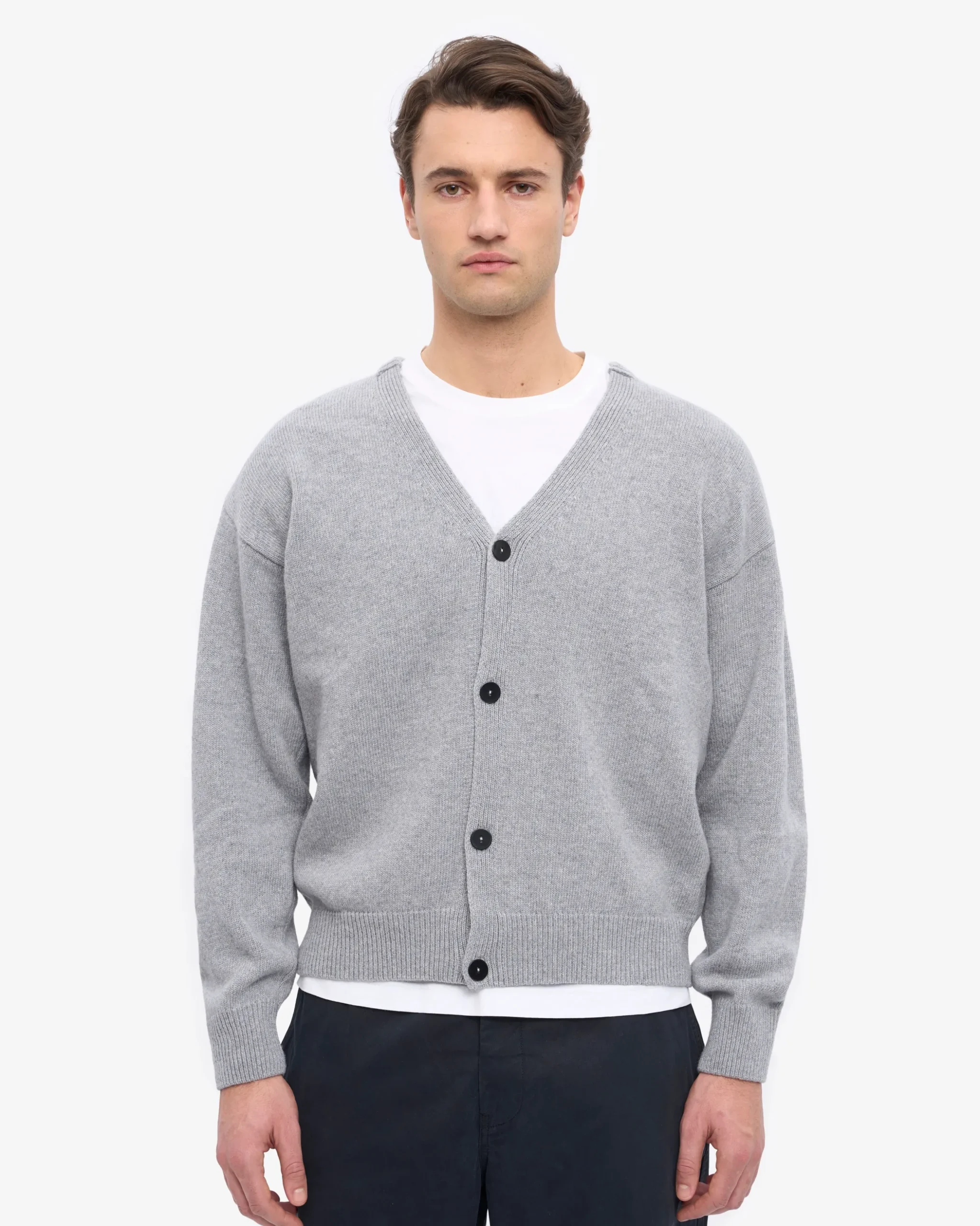 Merino Wool V-Neck Cardigan - Heather Grey