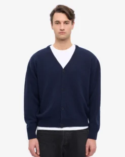 Merino Wool V-Neck Cardigan - Navy Blue