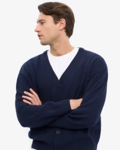 Merino Wool V-Neck Cardigan - Navy Blue