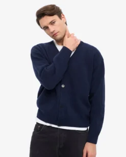Merino Wool V-Neck Cardigan - Navy Blue