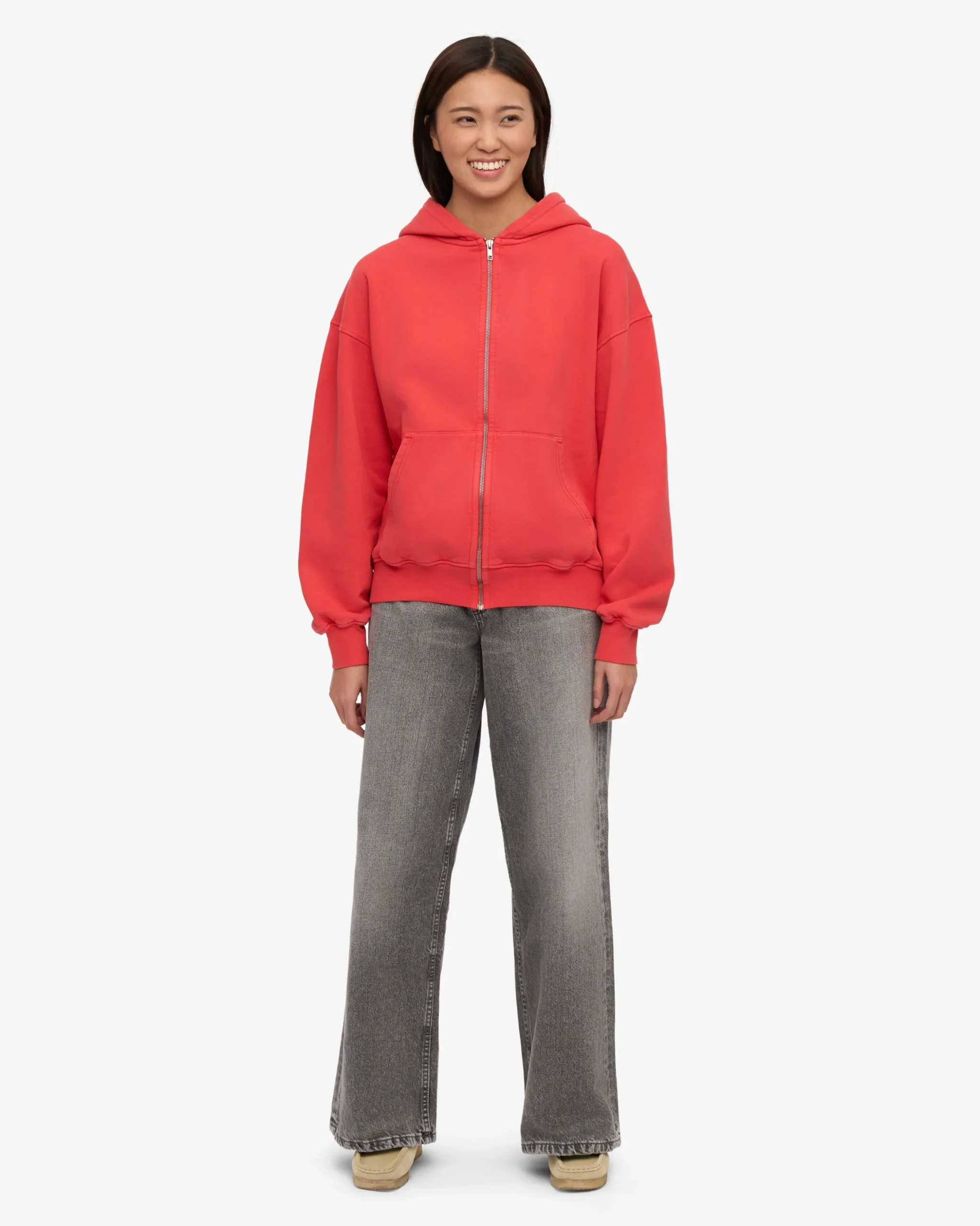 Organic Oversized Zip Hood - Red Tangerine