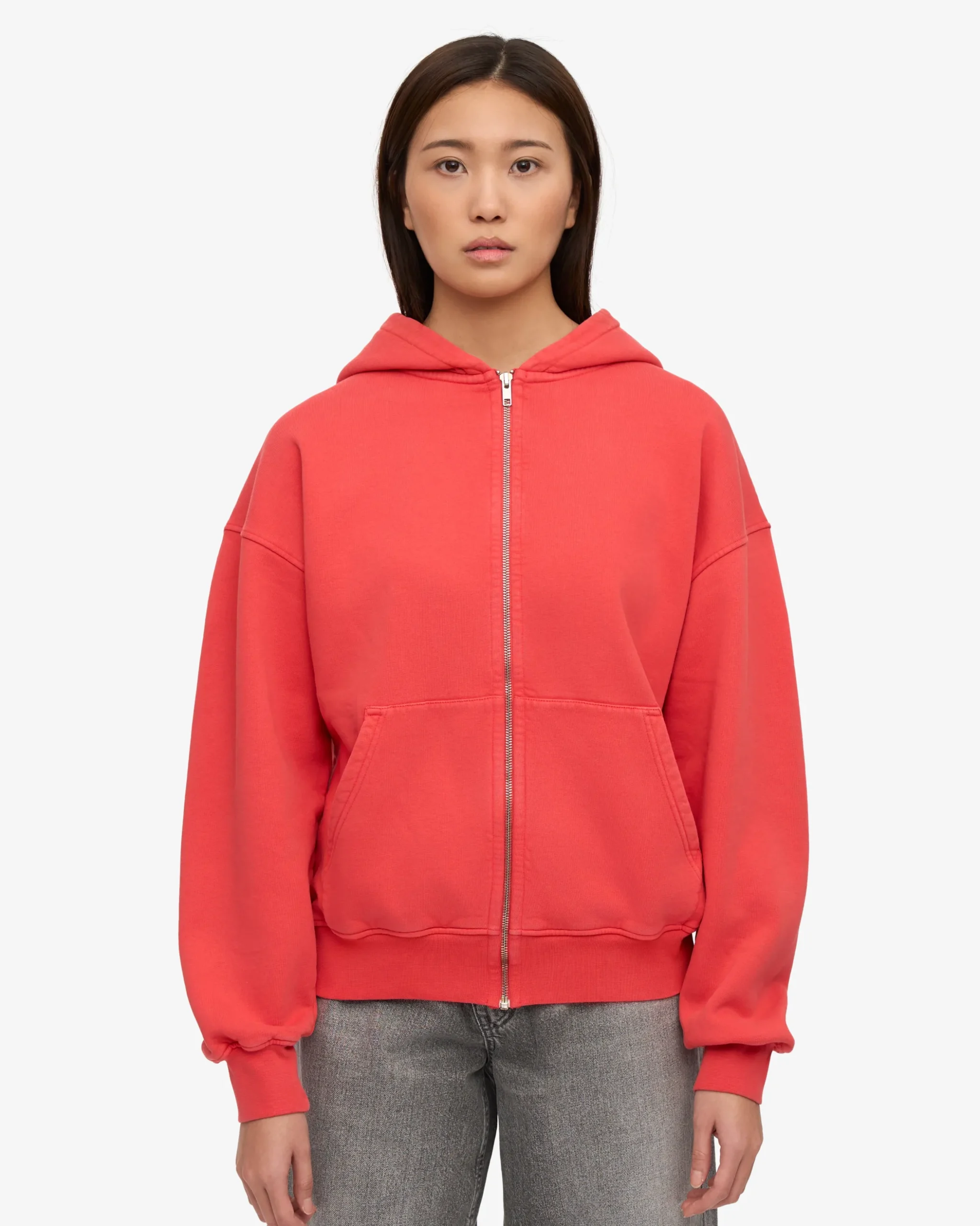 Organic Oversized Zip Hood - Red Tangerine