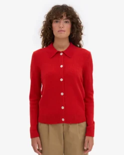 Women Merino Wool Collar Cardigan - Red Tangerine