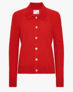 Women Merino Wool Collar Cardigan - Red Tangerine