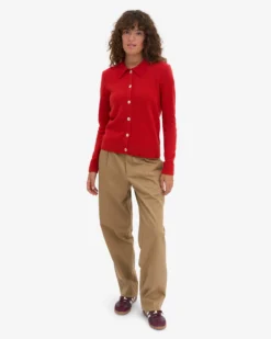 Women Merino Wool Collar Cardigan - Red Tangerine