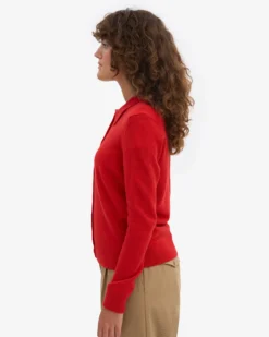Women Merino Wool Collar Cardigan - Red Tangerine