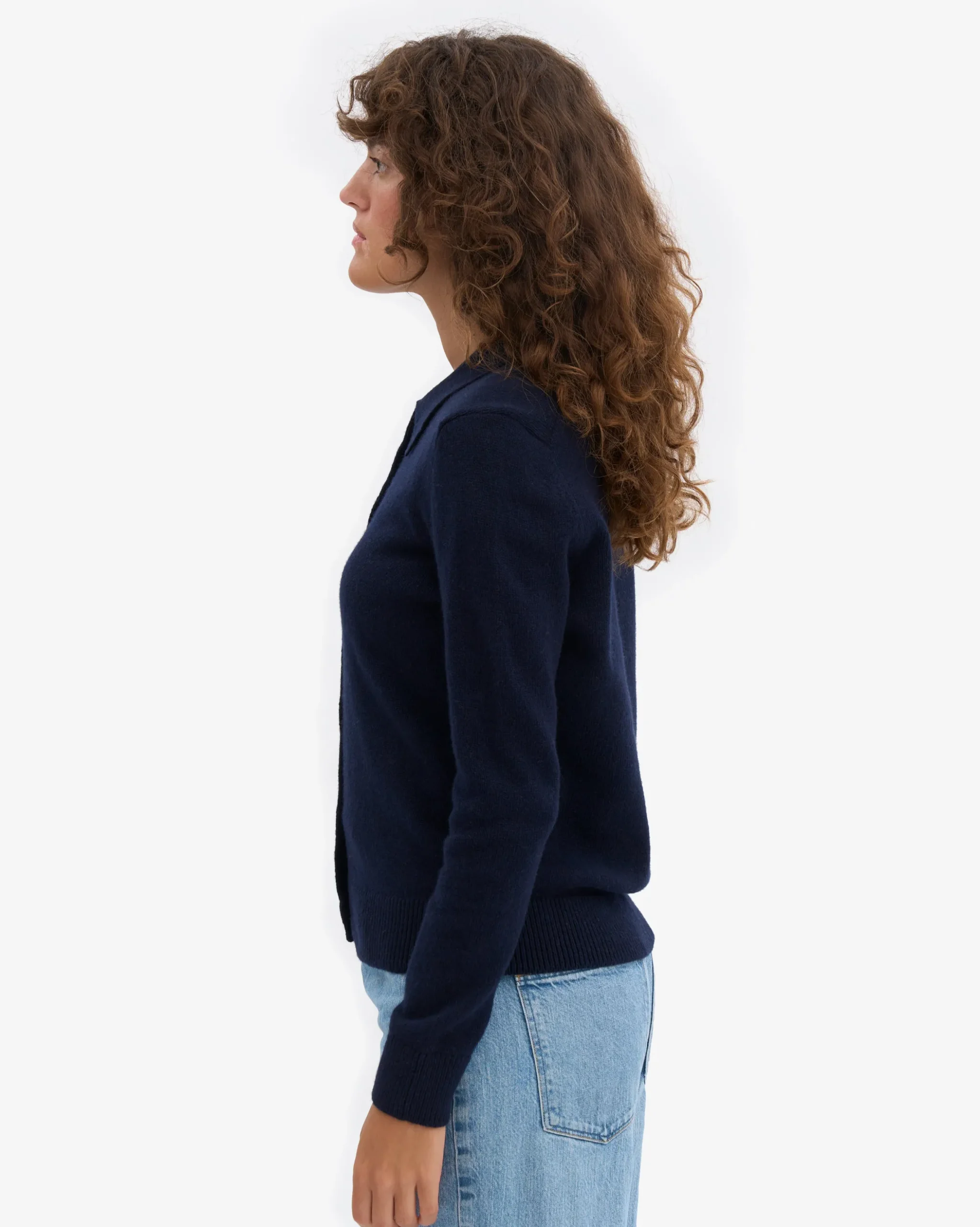 Women Merino Wool Collar Cardigan - Navy Blue