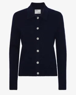 Women Merino Wool Collar Cardigan - Navy Blue