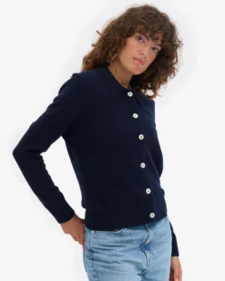 Women Merino Wool Collar Cardigan - Navy Blue