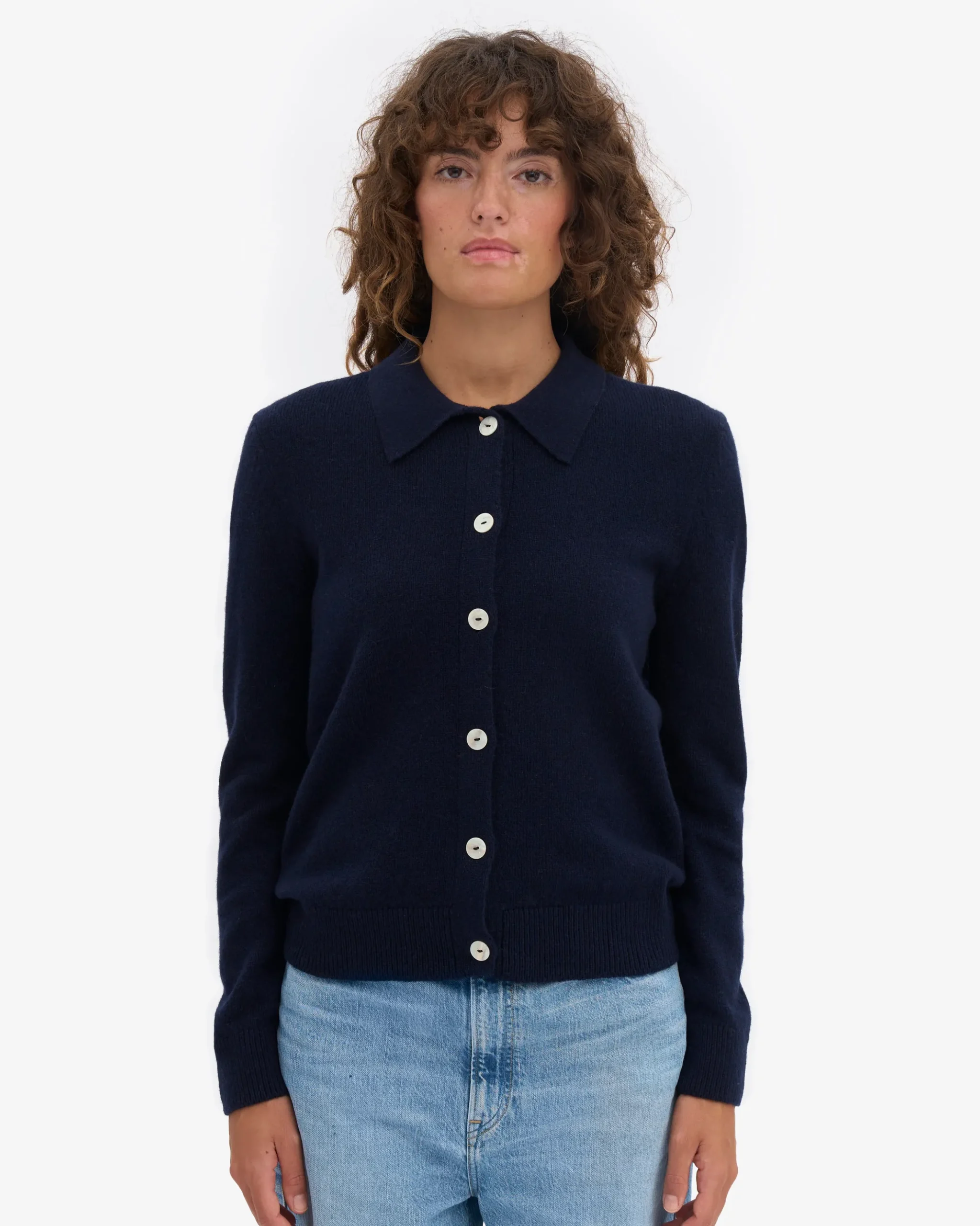 Women Merino Wool Collar Cardigan - Navy Blue