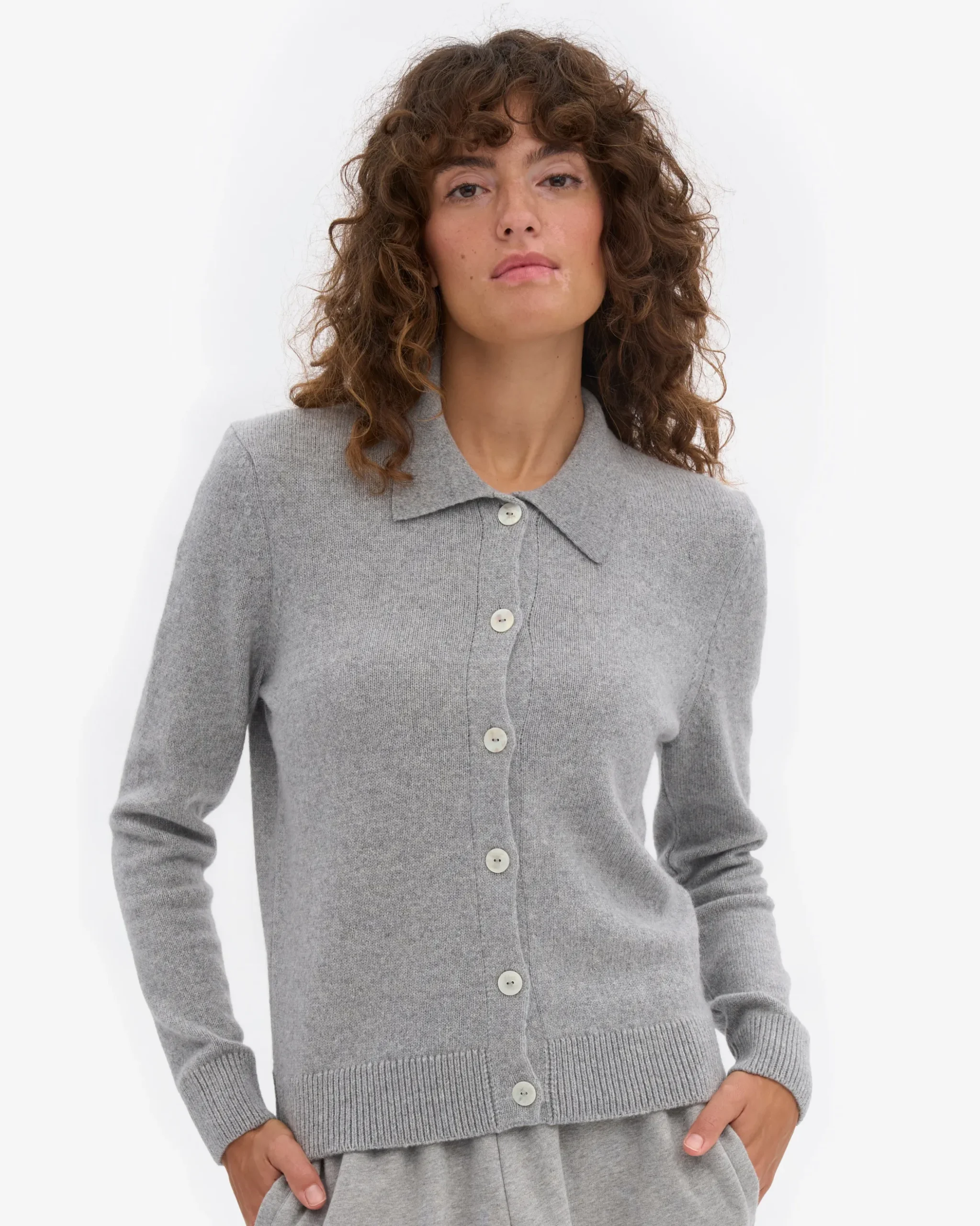 Women Merino Wool Collar Cardigan - Heather Grey