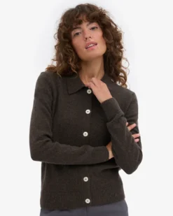 Women Merino Wool Collar Cardigan - Coffee Brown