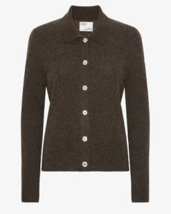 Women Merino Wool Collar Cardigan - Coffee Brown